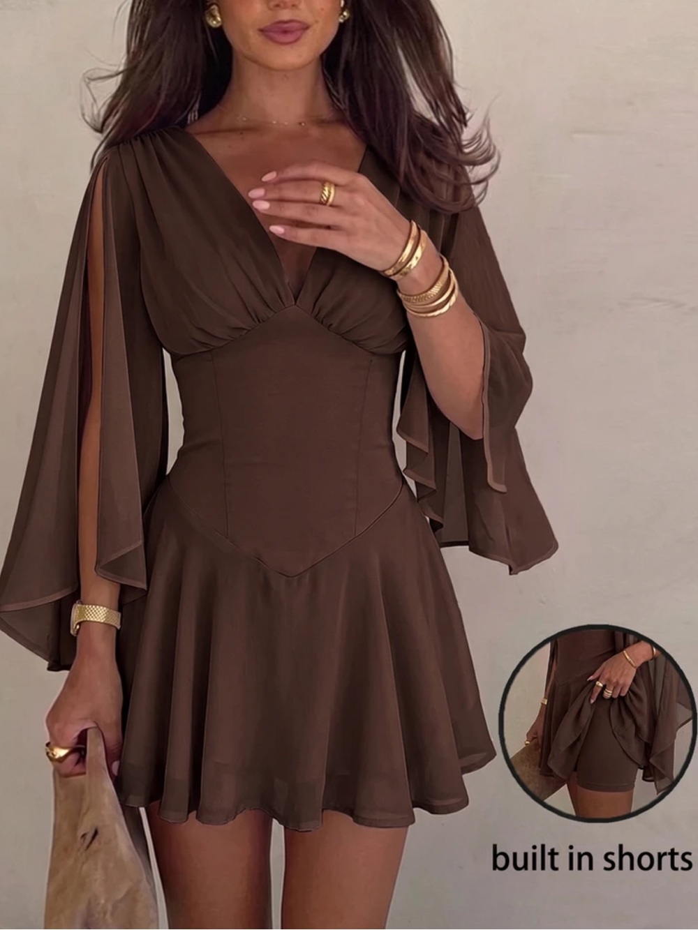 Siren Gaze Women's Solid Color V-Neck Pleated Casual Daily Mini Dress